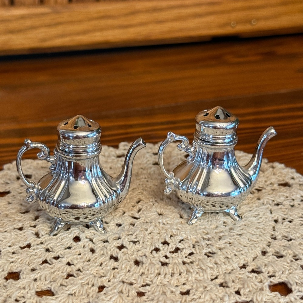 Swan Logo Teapot Salt and Pepper Shakers Silver Plated Japan Vintage Excellent